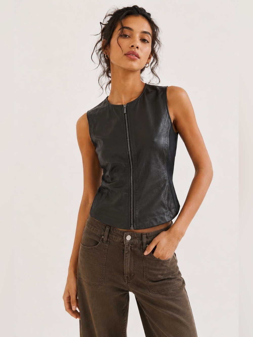 Valerie Separate Petites Leather Front Merino Wool Knit Back Vest Black SP